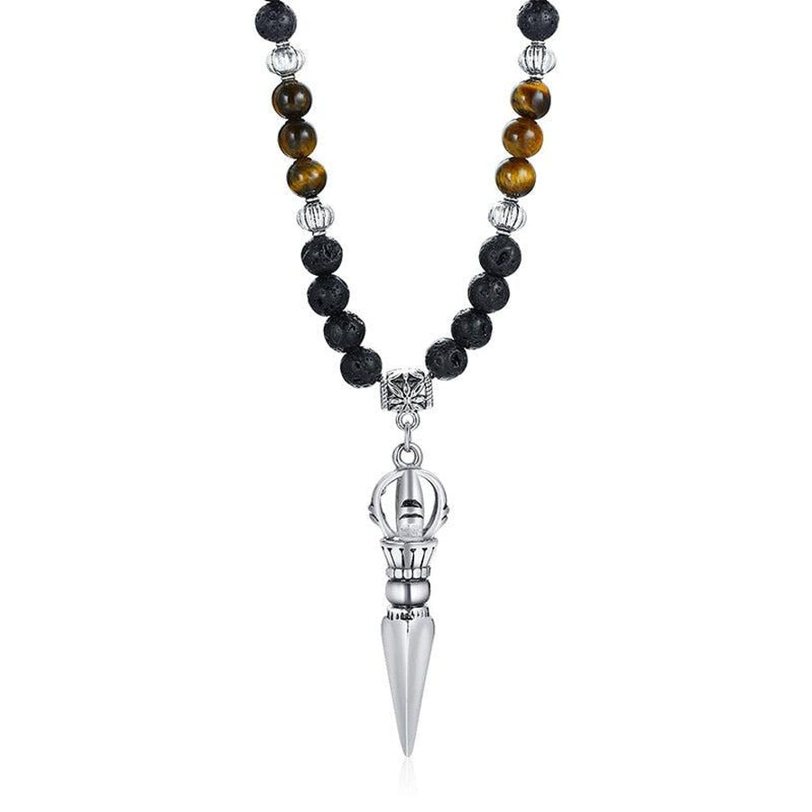 Lava Stone and Tiger's Eye Buddhist Dagger Pendant Necklace