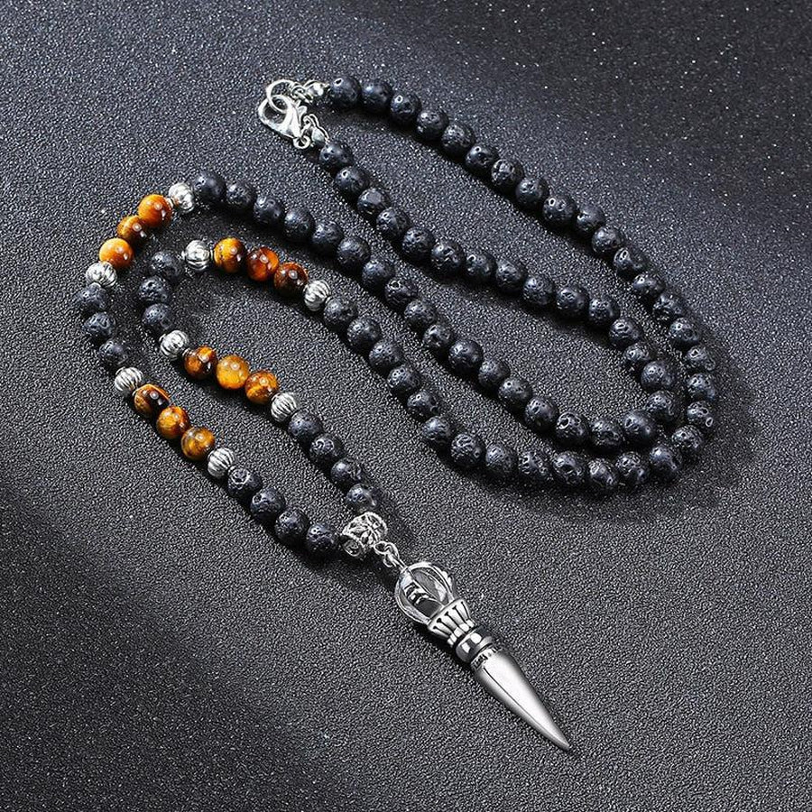 Lava Stone and Tiger's Eye Buddhist Dagger Pendant Necklace