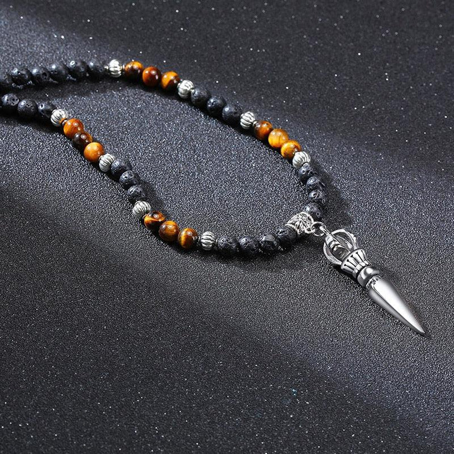 Lava Stone and Tiger's Eye Buddhist Dagger Pendant Necklace