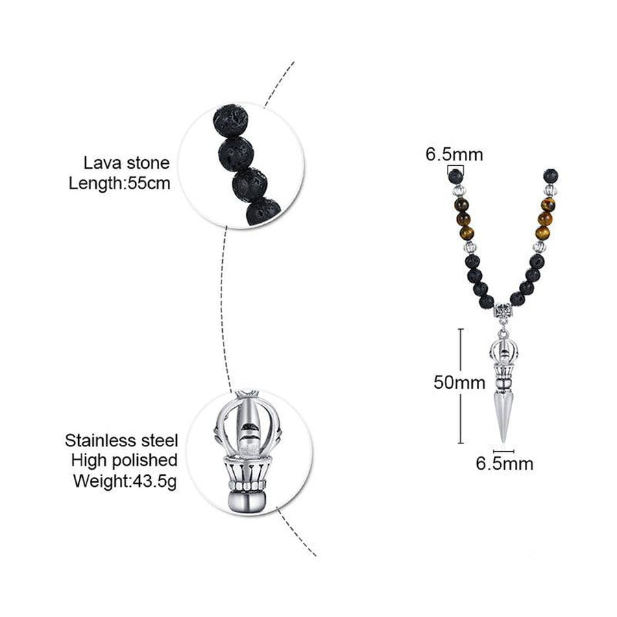 Lava Stone and Tiger's Eye Buddhist Dagger Pendant Necklace