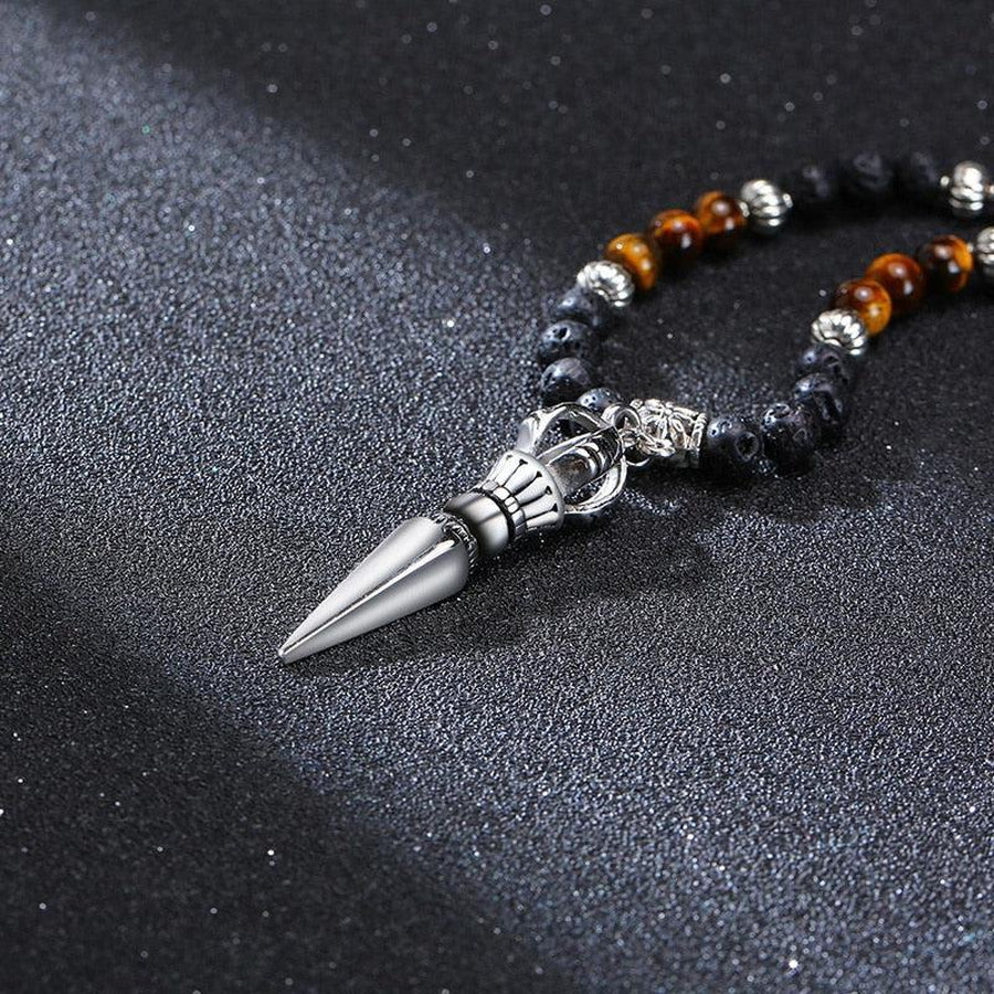 Lava Stone and Tiger's Eye Buddhist Dagger Pendant Necklace