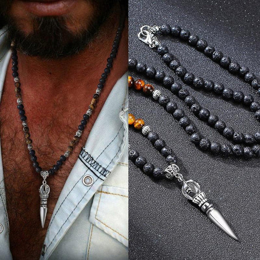 Lava Stone and Tiger's Eye Buddhist Dagger Pendant Necklace