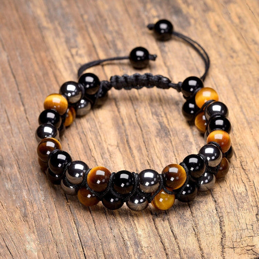 Tiger Eye, Hematite, and Black Obsidian Double Shamballa Bracelet: Protection & Balance