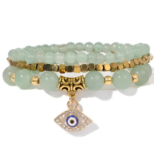 Green Aventurine Crystal Bracelet with Evil Eye