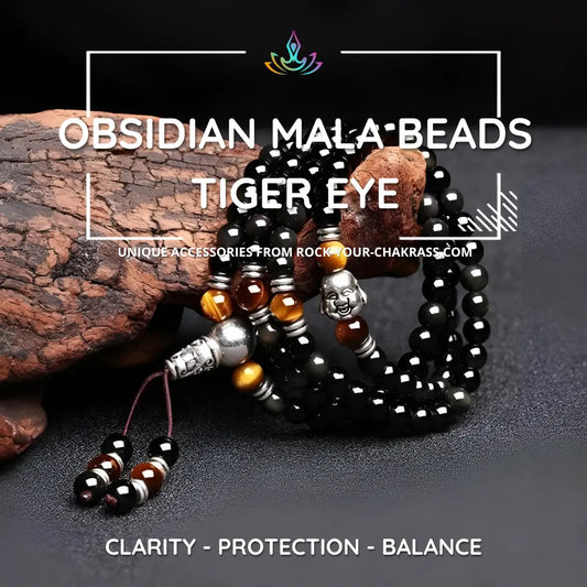 Obsidian Mala Beads with Tiger Eye