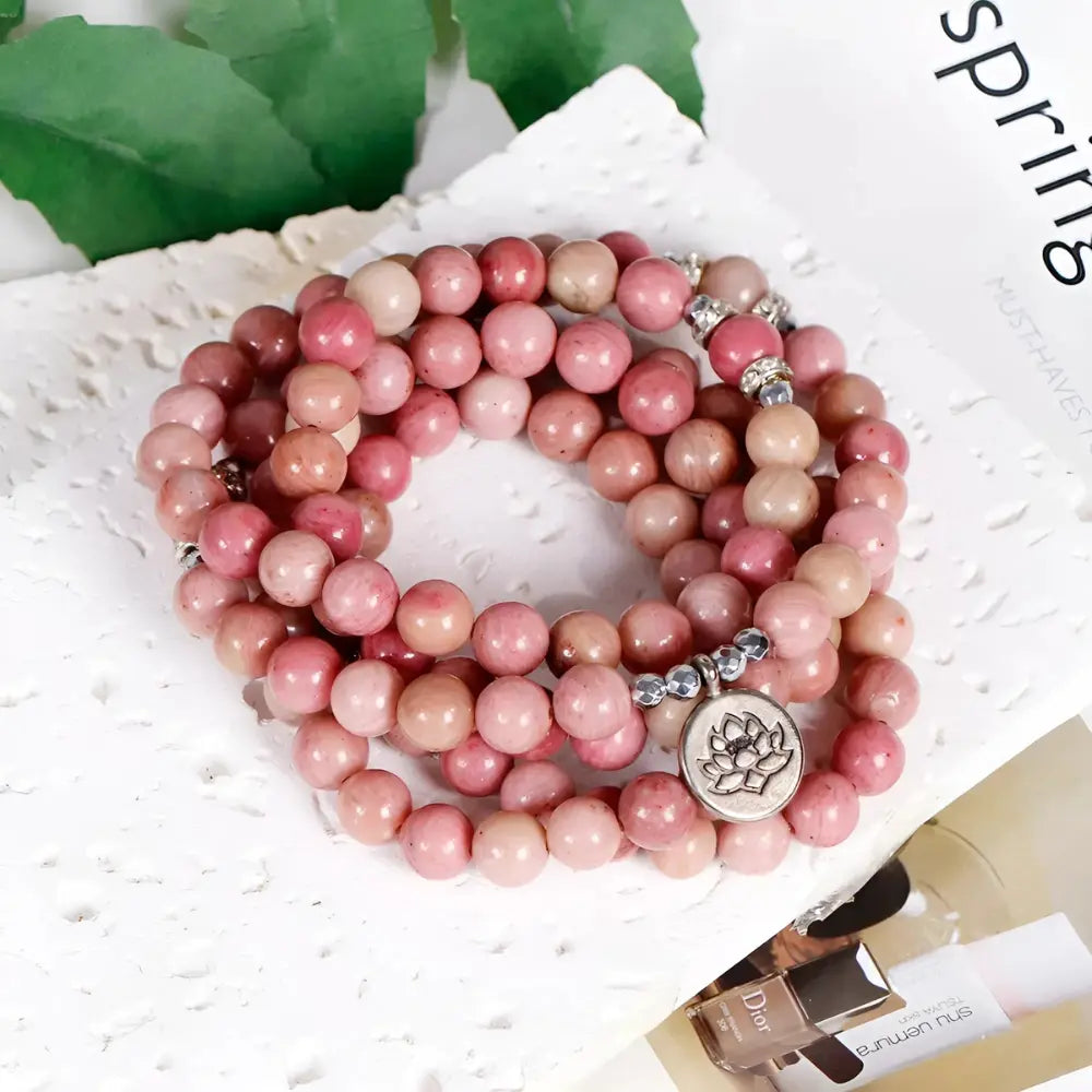 Rhodonite Mala Beads with Lotus