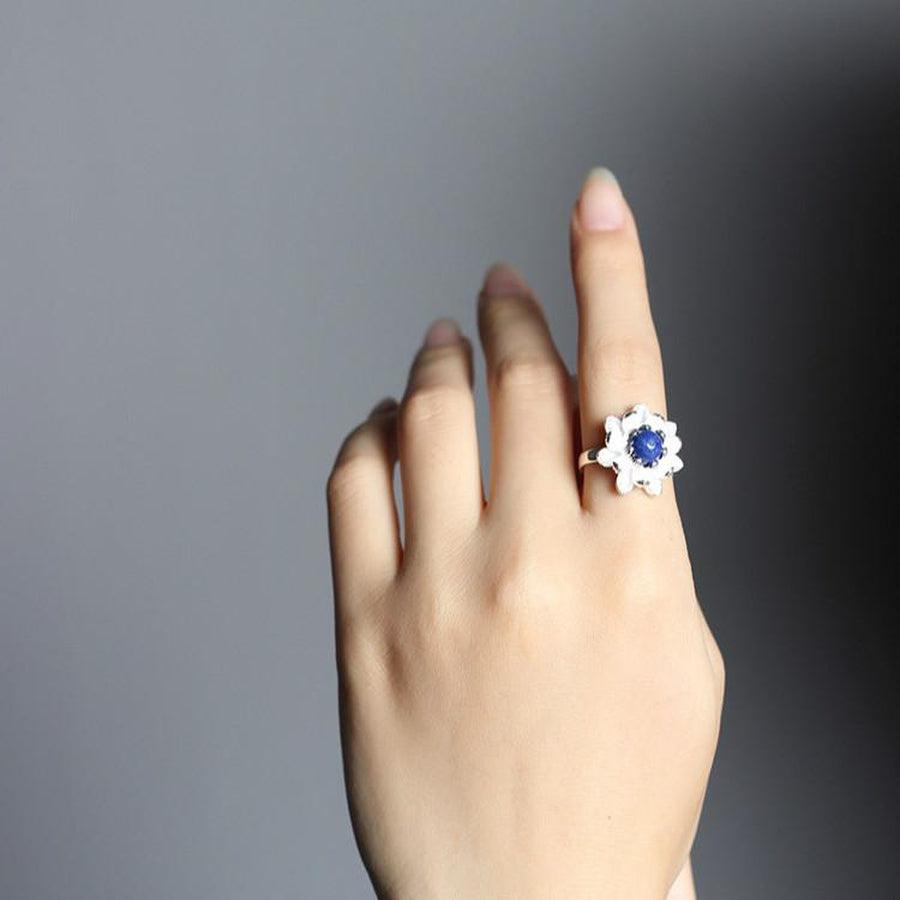 Lotus & Lapis Lazuli 925 Silver Ring