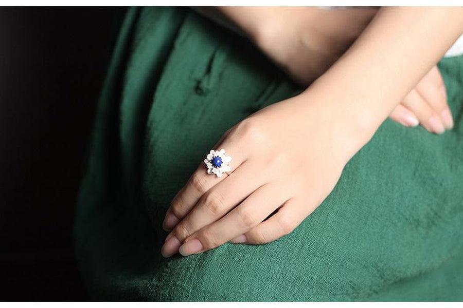 Lotus & Lapis Lazuli 925 Silver Ring