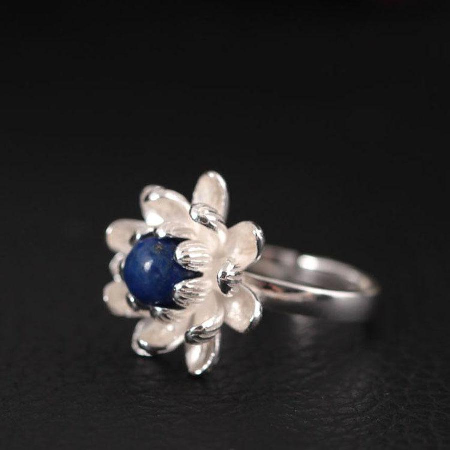 Lotus & Lapis Lazuli 925 Silver Ring