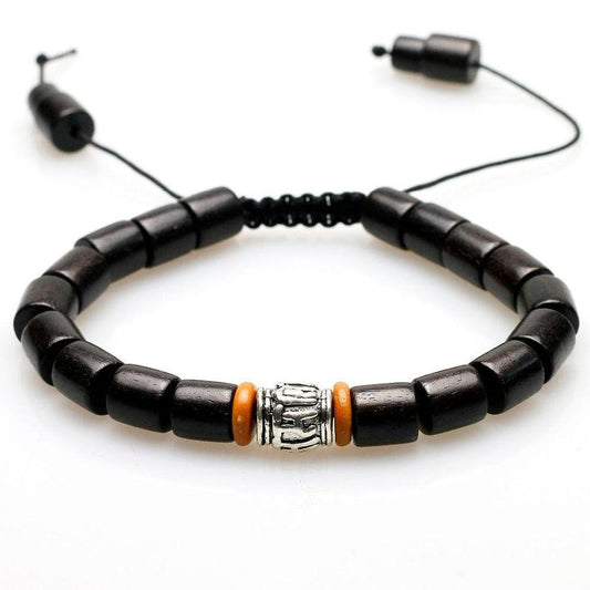 Natural Ebony Wood and White Copper Buddhist Bracelet