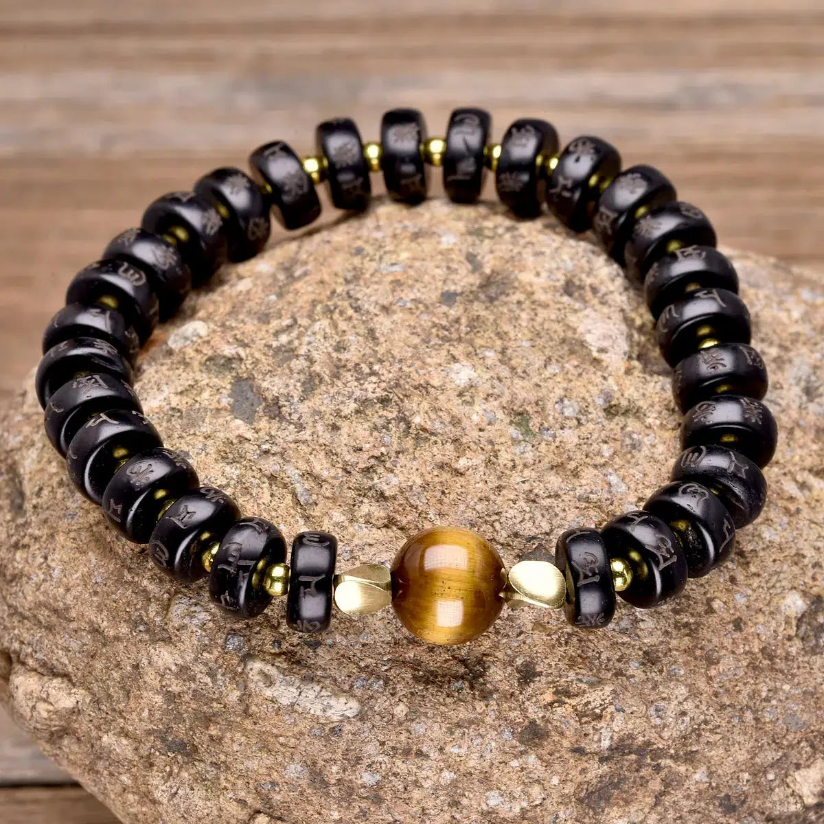 Coconut Shell and Tiger's Eye Buddhist Bracelet