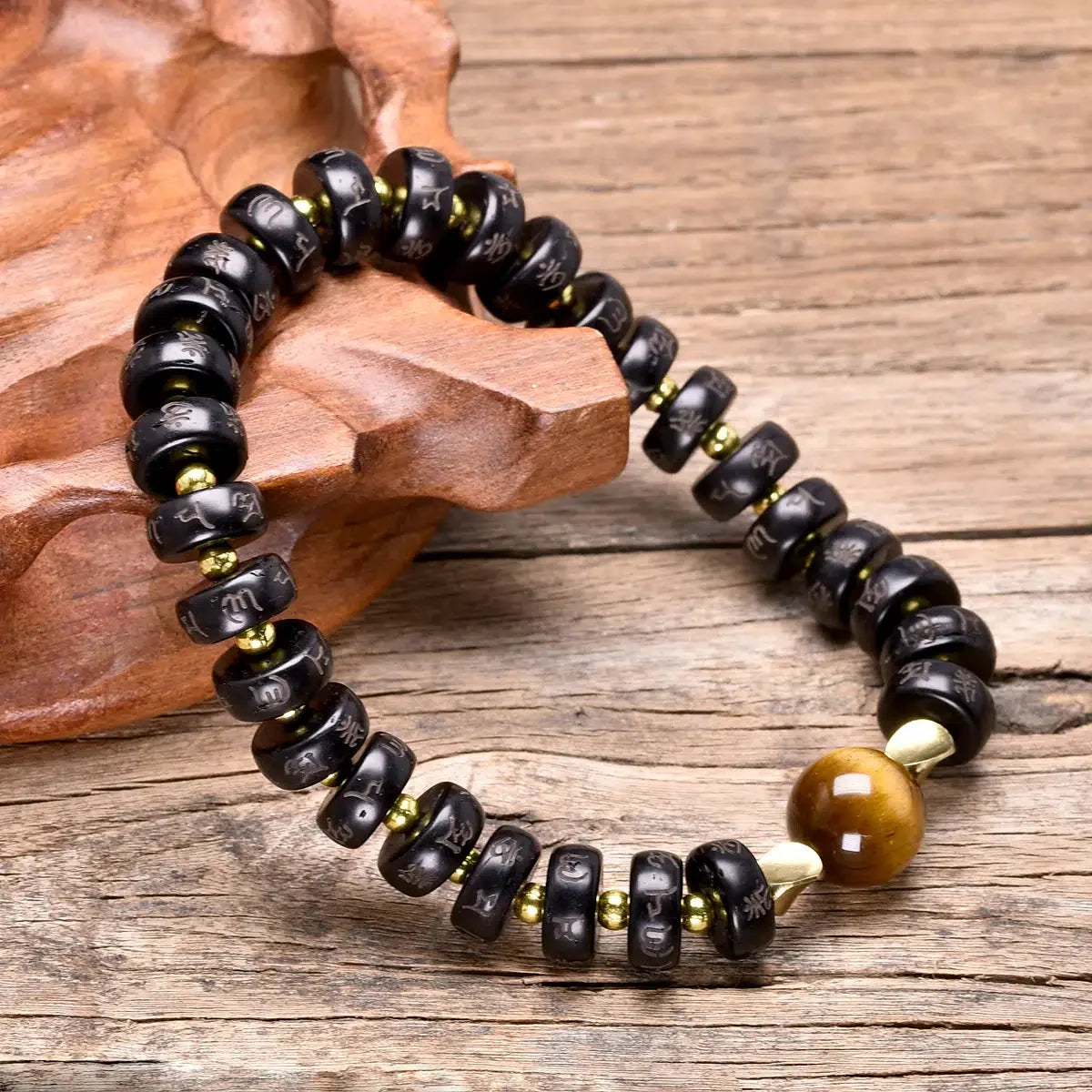 Coconut Shell and Tiger's Eye Buddhist Bracelet