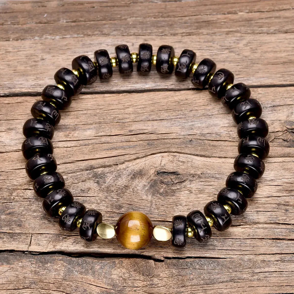 Coconut Shell and Tiger's Eye Buddhist Bracelet