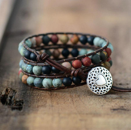 Courage & Peace Stone and Leather Bracelet