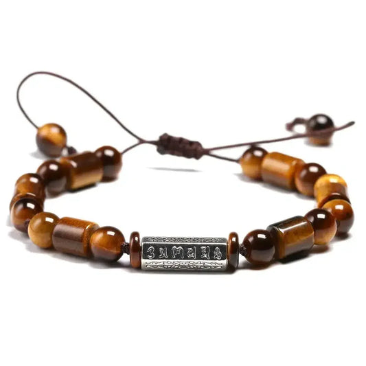 Buddhist Tiger's Eye Stone Om Prayer Bracelet.