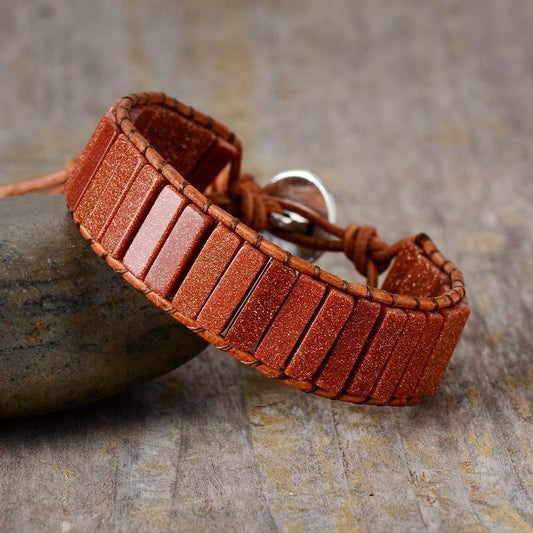 Sandstone Beaded Bracelet on Leather Base