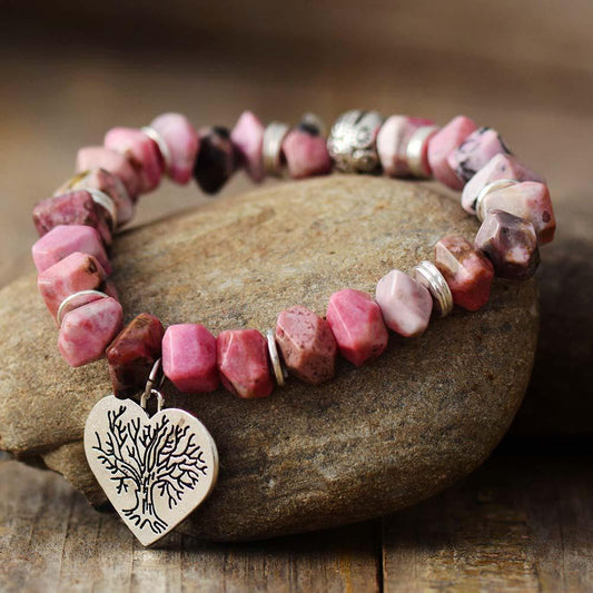 Rhodonite Tree of Life Heart Charm Bracelet