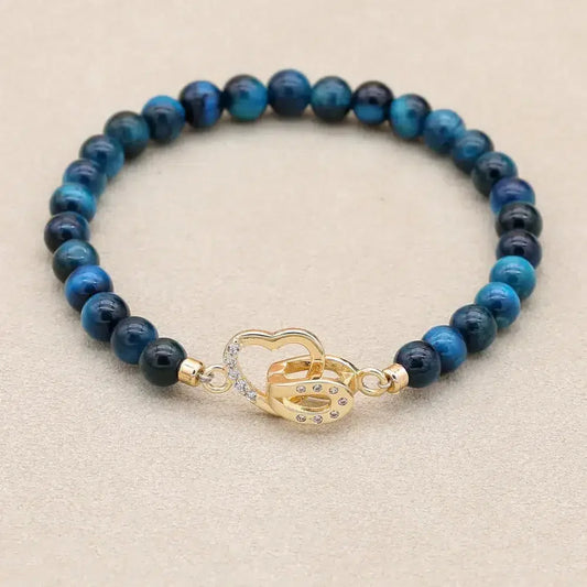 Royal Blue Tiger Eye Bead Bracelet with Copper Heart