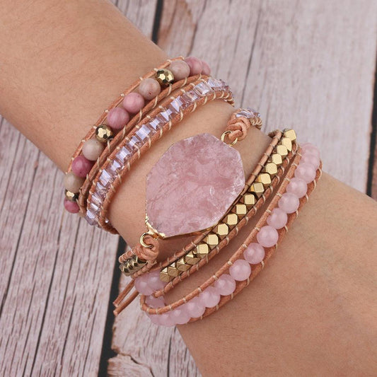 Rose Quartz Multi-wrap Leather Cuff Bracelet