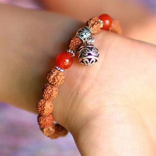 Tibetan Red Onyx and Rudraksha Charm Bracelet