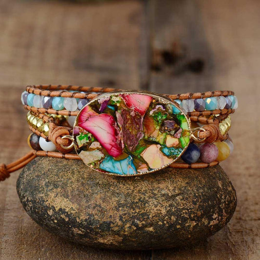 Jasper, Crystal, and Leather Cuff Bracelet