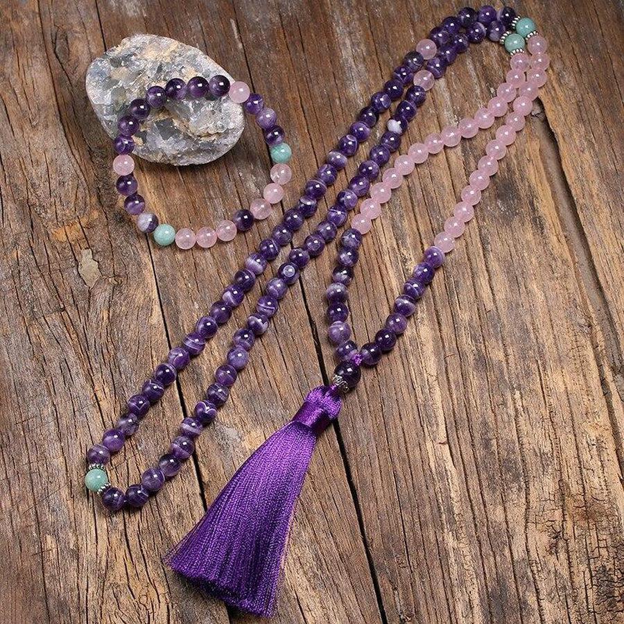 Mala Necklace with Amethyst, Rose Quartz, and Amazonite Bracelet