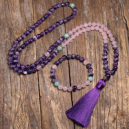 Mala Necklace with Amethyst, Rose Quartz, and Amazonite Bracelet