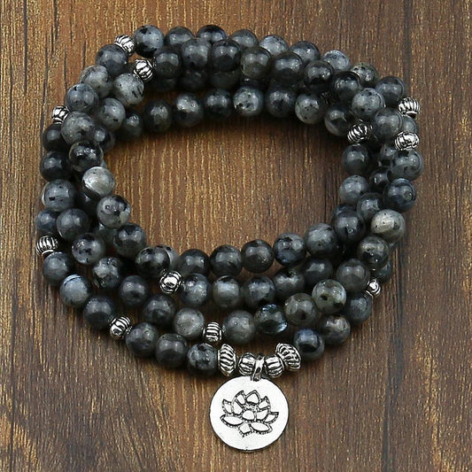 Black Agate Beads Meditation Mala with Lotus Flower Charm