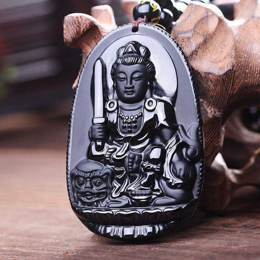 Black Obsidian Pendant featuring Manjusri Bodhisattva Buddha