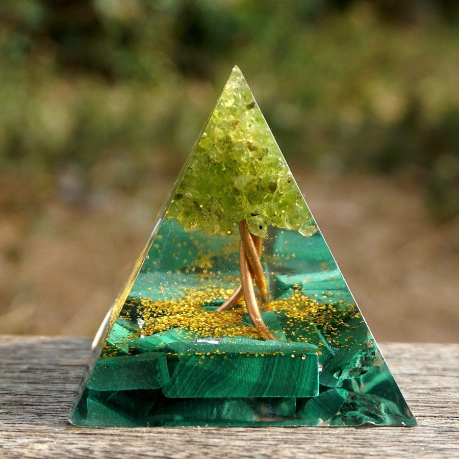 Orgonite Pyramid Tree of Life with Malachite, Peridot, Gold Leaf