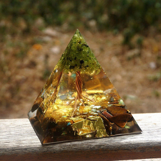 Orgonite Pyramid Tree of Life with Tiger's Eye, Peridot & Gold Leaves