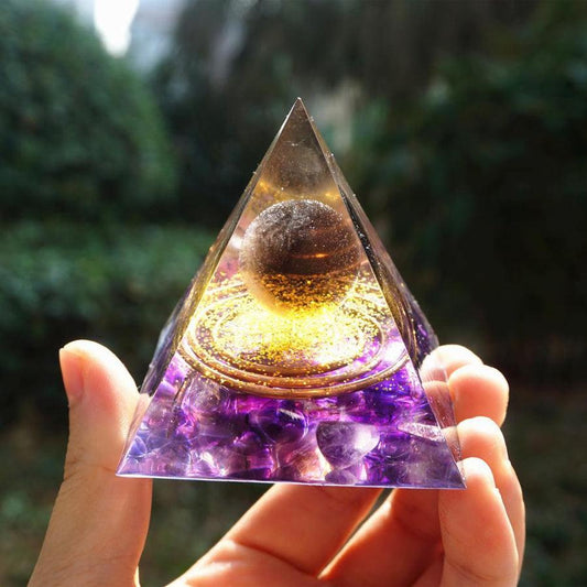 Orgonite Crystal Smoky Amethyst Gold Pyramid.