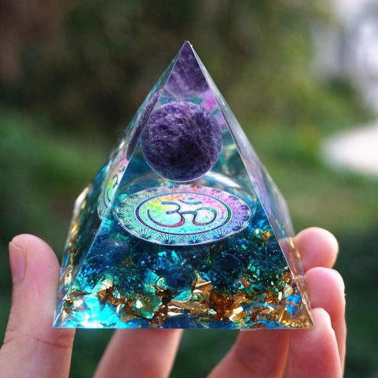 Om Pyramid with Amethyst, Blue Quartz & Gold