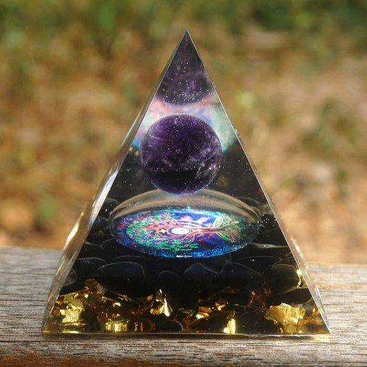 Orgonite Pyramid with Amethyst, Crystal, and Obsidian Orb