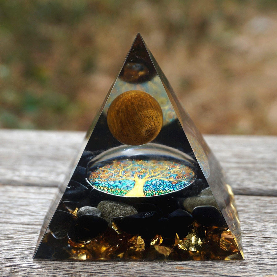 Tiger Eye Orgonite Pyramid with Obsidian and Gold Leaf Sphere