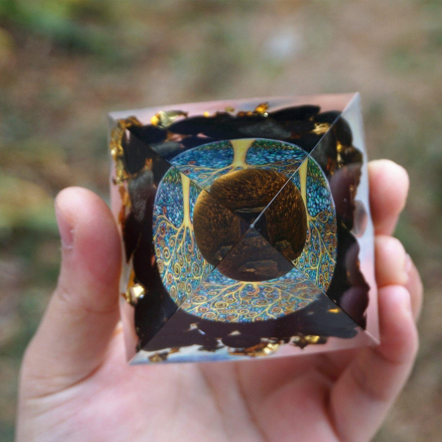 Tiger Eye Orgonite Pyramid with Obsidian and Gold Leaf Sphere