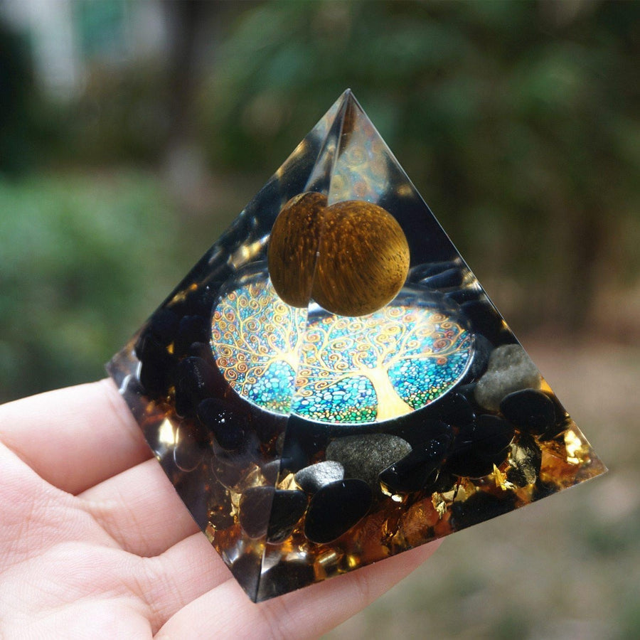 Tiger Eye Orgonite Pyramid with Obsidian and Gold Leaf Sphere