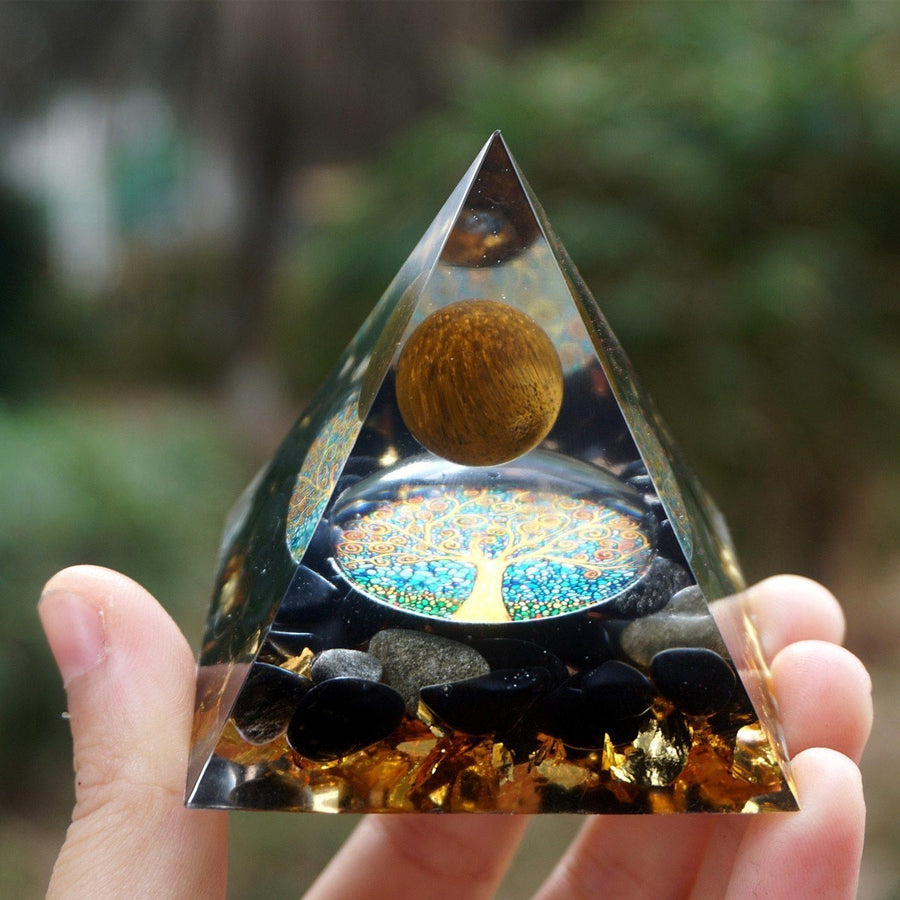 Tiger Eye Orgonite Pyramid with Obsidian and Gold Leaf Sphere