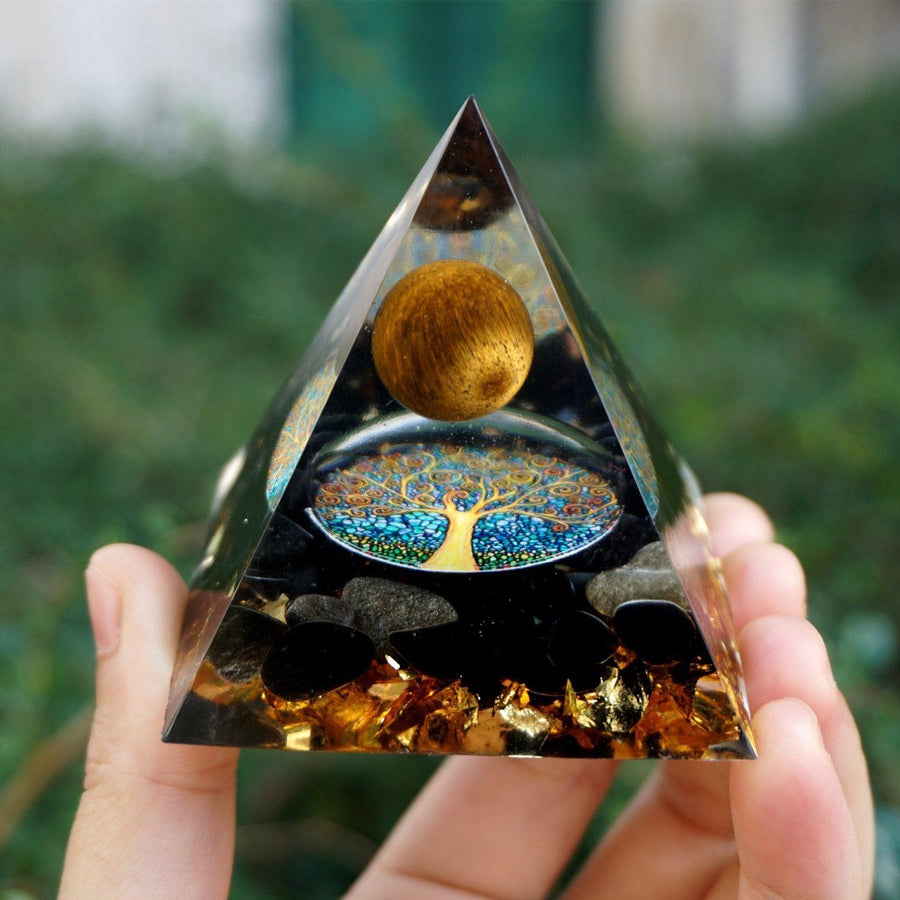 Tiger Eye Orgonite Pyramid with Obsidian and Gold Leaf Sphere